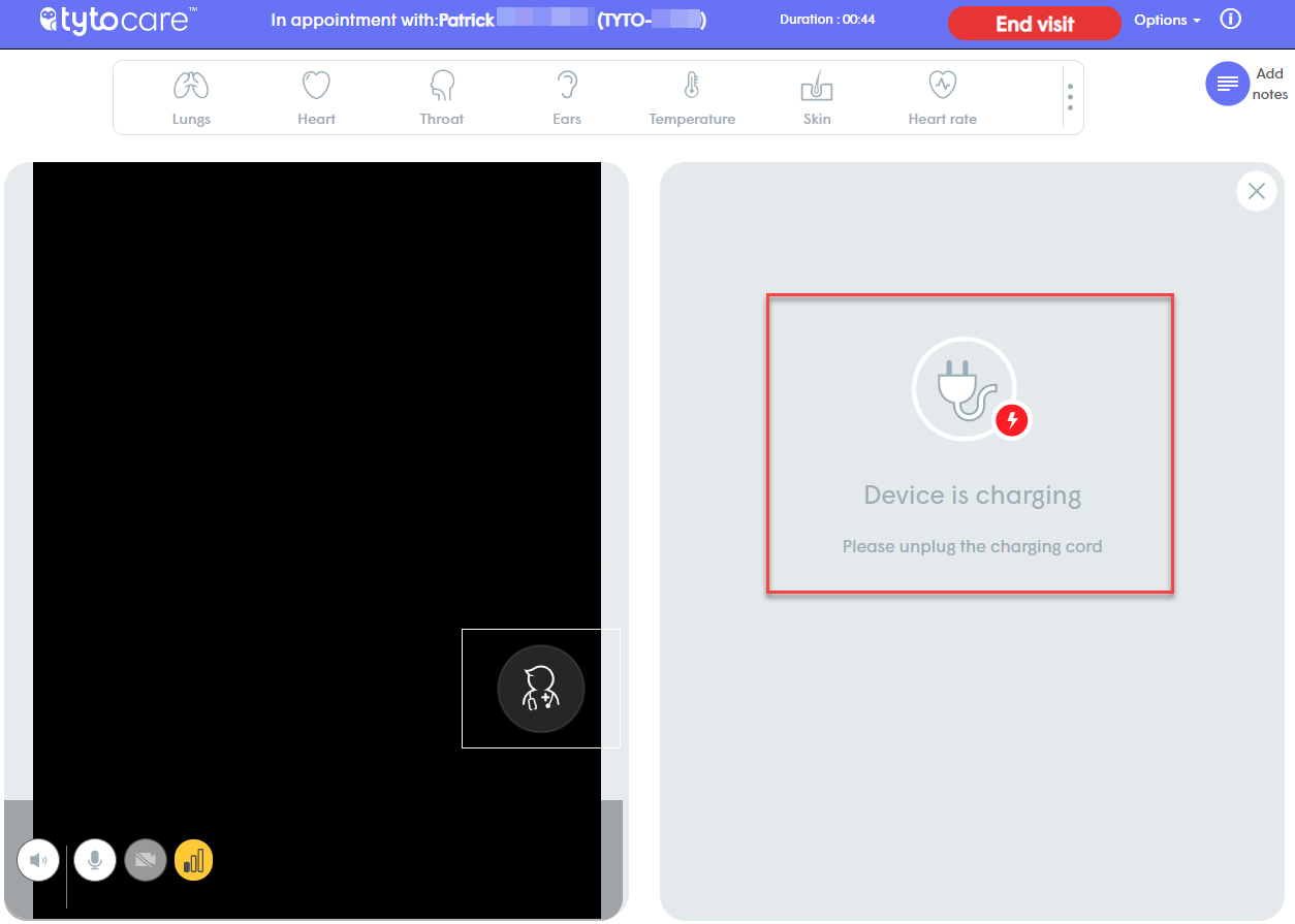 Tyto Device charging message on Clinician Dashboard