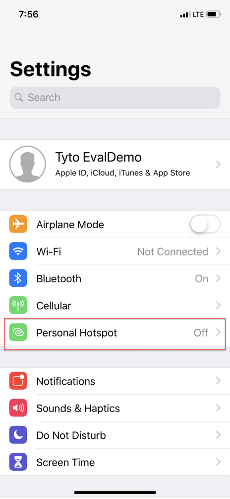 Personal Hotspot Menu Option